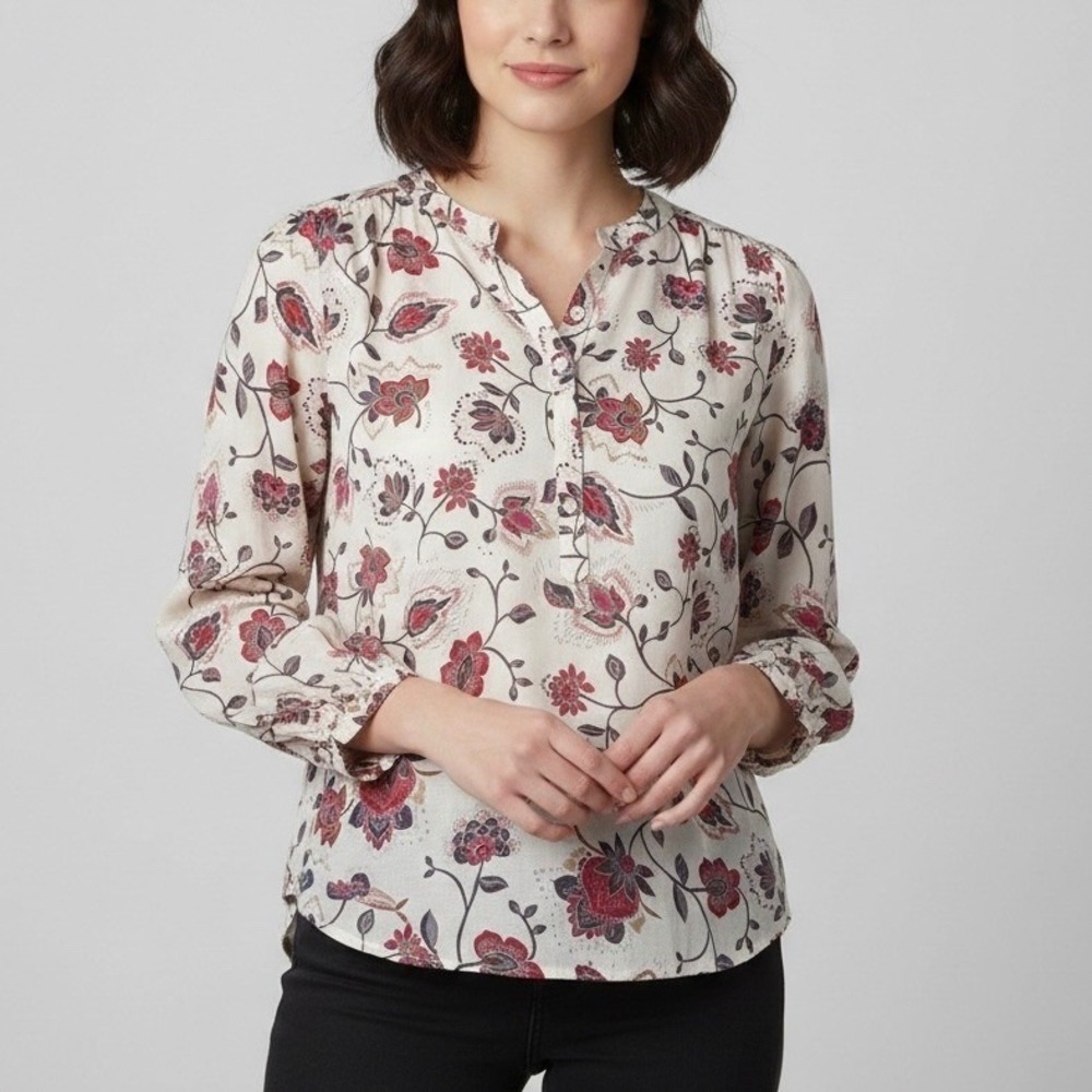Xirena Floral Paisley Silk Cotton Blouse Pink Red Cream Split Neck Top Small